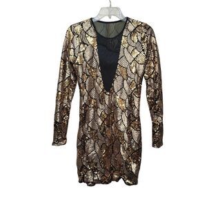 Gold Womens Sequined Black Mesh Long Sleeves Knee Length Size Med Reveling Dress